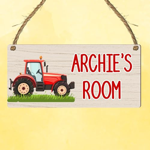 Custom Kids Room Name Plaque | Personalised Boys Bedroom Sign | Wooden Hanging Door Sign | Car, Dinosaur, Football, Tractor, Gaming Designs (Tractor)