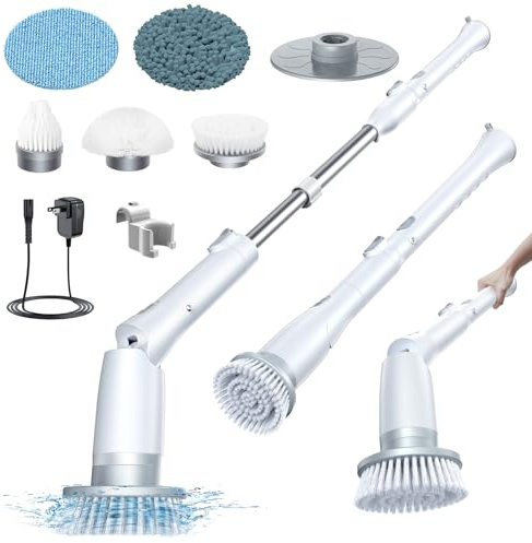 LABIGO Electric Spin Scrubber LA3 Pro, Cordless Bathroom Scrubber with 5 Replacement Head, 3 Adjustable Angle, Household Power Cleaning Brush with Extension Arm for Bathtub Car Grout Tile Floor