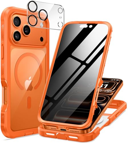 seacosmo Anti-Spy Hülle für iPhone 17 Pro mit MagSafe, 360 Grad Schutzhülle Magnetisch Stoßfest Handyhülle FallSchutz Stoßfestes Case mit Privacy Schutzglas und Kamera Schutzfolie [9H HD]-Orange