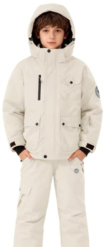 Girl Boy Ski Suit Kids Snowsuits 2 Piece Waterproof Snowboard Hooded Down Jacket Snow Pants Ski (White, 13-14 Years)