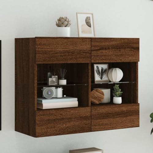Ziaphsol Meuble TV mural avec lumières LED, aspect chêne marron, 78,5 cm de large, centre de divertissement flottant pour le salon, design moderne, matériau en bois, 2 étagères en verre