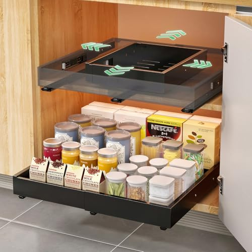 2 Stück Teleskopschublade, 4-fach verstellbare ausziehbare Schublade Küche, Küchenschrank Organizer & Schubladen Organizer, ohne Bohren und Nägel ((Schwarz(2 Stück)30-48.5cm Breite, 42-58cm Tiefe))