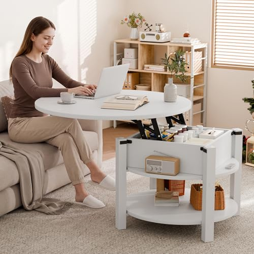 ELUCHANG Mesa de Centro Redonda Elevable y Extensible 2 en 1 para Salón y Oficina, Mesa de Cafe con Espacio de Almacenamiento de 2 Niveles, Madera en Blanco, 80x80cm