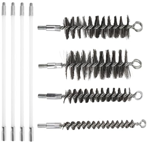 4pcs Pipe Drill Wire Cleaning Brush with 4pcs Nylon Rod Set, Stainless Steel Handle Wire Chimney Pipe Cleaning Brush with Galvanized Threaded Head Nylon Rod Duct Tools