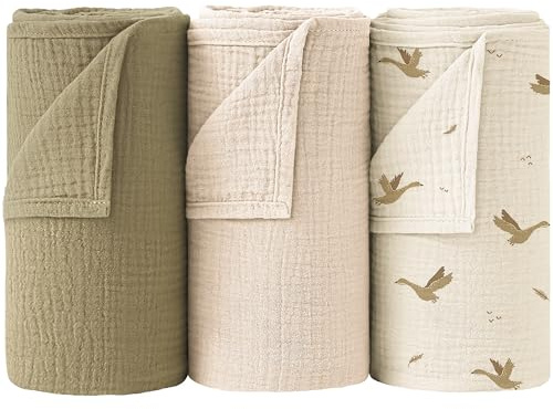 Bearmoss Baby Pucktuch Musselin Decke 100% Baumwolle Dünne Atmungsaktive Babydecke Baby Swaddle Decke Tücher für Junge und Mädchen 3 Stück 96x102cm (Olivgrün)