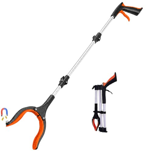 Fortspang grepptång för seniorer (110 cm) – vikbart greppstöd med magnet och 360° vridbart huvud, ergonomiskt avfallsgrepp för trädgård och vardag, (orange)