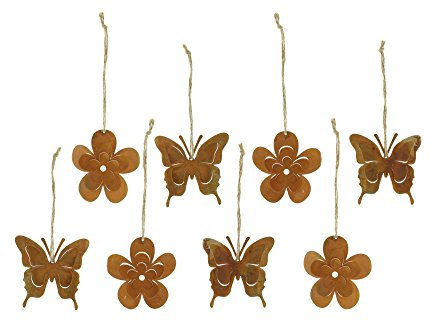 FRANK FLECHTWAREN Aufhänger 8er Set Metallblume Ø8 cm Schmetterling Ø9 cm Dekohänger rostoptik Hanfschnur rustikaler Look