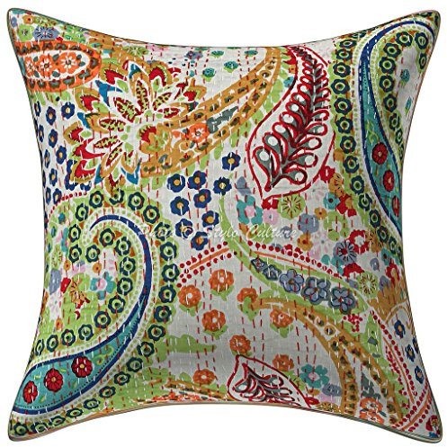 Stylo Culture Bohemio Fundas Almohadones Decorativa 40x40 cm Algodón Paisley Fundas para Cojines Cama Blanco 16x16 Inch Kantha Impreso Cuadrado sobre Fundas para Los Cojines del Sofa - 1 Pc