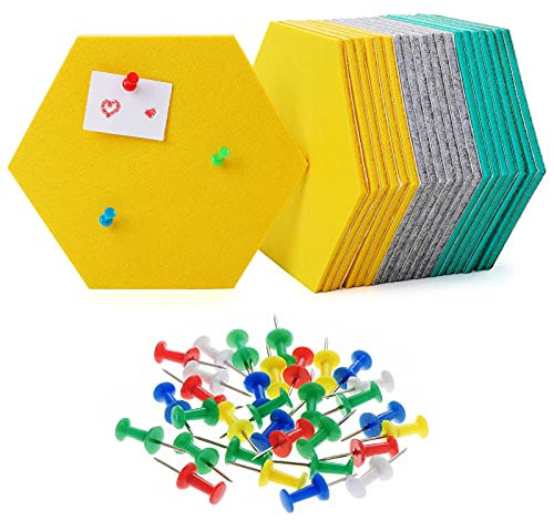 HonGien 21 Stück Filz Pinnwand Sechseckig,Sechseckig Memoboard,Pinnwand Kork mit 30 Stück Mehrfarbigen Pushpins,Korkplatte für Foto Hängen,Heim Büro Klassenzimmer,See Blau Gelb und Grau