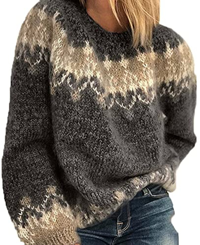 BeerMmay Damen Herbst Winter Rundhals Casual Lose Mohair Grobstrick Jacquard Damen Pullover, Schwarz, S