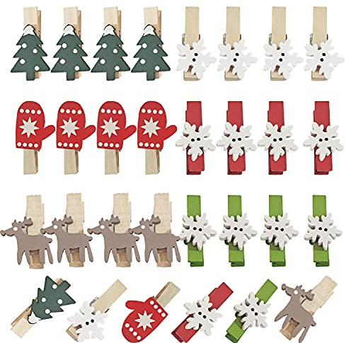60 Stück Weihnachten Holzklammern, Dekoklammern Mini Clips Wäscheklammern Adventskalender DIY Foto Pegs für Weihnachtsbaum Hängendes Foto Partydekor