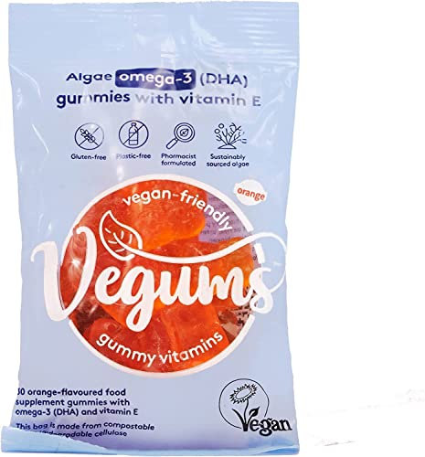 Vegums Fish-Free Omega-3 Gummies – Plant-Based Vegan Omega-3 Supplement from Algae – Apple & Mango-Flavored, DHA & EPA – 30 Gummies