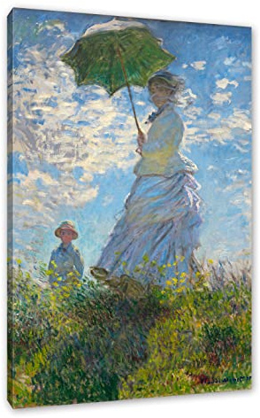 Pixxprint Claude Monet - Frau mit Sonnenschirm, Weiß, Größe: 120x80cm, Leinwandbild, fertig gespannt, Wandbild, Dekoration, Kunstdruck, kein Poster
