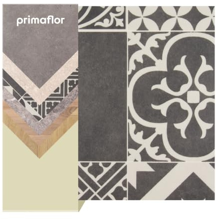Primaflor PVC Boden Turvo | Fliese Schwarz-Weiß | 200x300 cm | Textilrücken, R10 und 2,5 mm Gesamthöhe; für Fußbodenheizung sowie Wohn-, Büro- und Feuchträume geeignet
