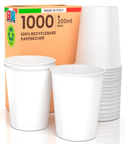 1000 vasos de papel de 200 ml ecológicos biodegradables desechables blancos, fabricados en Italia, para bebidas calientes y agua – Producto y empaquetado en Italia