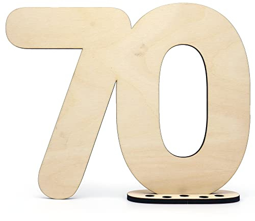 HAGEFOL Gästebuch Holz Deko Schild Zahl 70 - zum selbst beschriften als Geschenk mit Ständer und Geburtstagskerzenhalter - für 70 Geburtstag Deko, 70 Jahre Jubiläum oder Hochzeit
