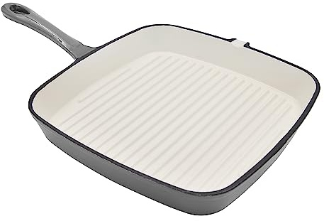 Blackmoor 67659 24cm Grey Cast Iron Griddle Pan/Oven Proof Up to 260°C/Non-Stick Enamel Coating/Easy Grip Handle/Features Raised Ridges for Searing/Works On All Hob Types
