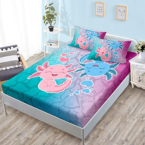 HOSIMA Axolotl Bedding Set Pink and Blue Axolotl Pattern Kawaii Twin Fitted Sheet Set for Kids Bedroom Decor,1 Fitted Sheet+2 Pillowcases.