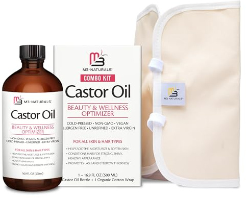 Pure Castor Oil Pack Kit, Large Hexane-Free Cold-Pressed in Glass Bottle with Adjustable Reusable Organic Cotton Wrap for Detox and Wellness (1 of Each) by M3 Naturals