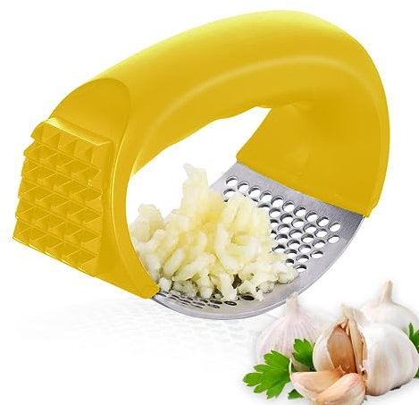AEX Best Garlic Crusher - Easy to Use Stainless Steel Garlic Crusher and Mincer Chopper - Garlic Press Rocker with Bottle Opener - Heavy Duty Garlic Presser - Durable Ginger Crusher (Yellow)