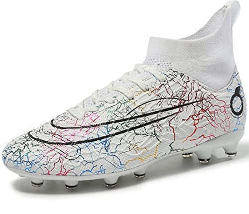 PiDaGlobal Chaussures de Football Homme Professionnel Crampons Antidérapants pour l'entraînement Adolescents High Top Chaussures de Sport Athlétisme compétition 37EU Blanc