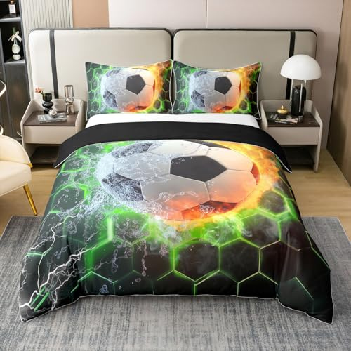 Erosebridal Kids Soccer 100% Cotton Duvet Cover Twin Size,Football Bedding Set for Boys Room Decor,Green Gradient Hexagon Comforter Cover Soccer Gifts for Teen Girls,Geometric Honeycomb Bed Set