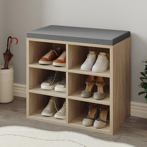 Hzuaneri Schuhbank, Schuhregal mit Sitzfläche, Sitzbank mit Stauraum, Kissen, 6 Fächer, 60 x 30 x 52,7 cm, verstellbare Ablagen, für Wohnzimmer, Flur, Schlafzimmer, Weißeiche SB09916GY