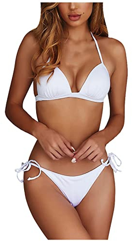 WEOPLKIN Bikini Damen Set Triangel String Oberteil Bikini Tanga Bademode Riemchen-Bikini Bademode Swimsuit Zweiteiliger Badeanzug