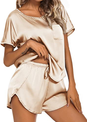 Ekouaer Pigiami Estivi Donna Pigiama Corto Seta Donna Set Maniche Corte e Pantaloncini, Champagne, M