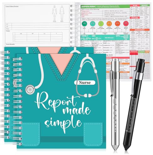Pajean 4 Pcs Nurse Report Sheet Notebooks with Medical Pens Light Made Simple Pocket Journals Spiral Essentials Notepads for Nurse Appreciation Gifts Rn Student Clinical Supplies(Wide)