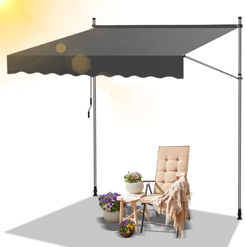 Daromigo Klemmmarkise mit Handkurbel 300cm breit, Balkonmarkise ohne Bohren, Höhenverstellbar Markise UV-beständig Wasserdicht & Sonnenschutz, Einfache Montage, Grau