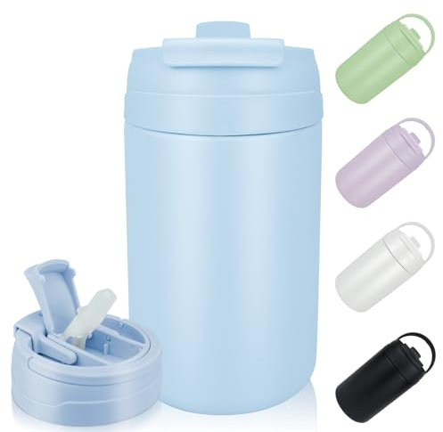 TOPAHGOD Trinkflasche Edelstahl 500ML, Thermobecher Kaffee to Go Doppelwandige mit Henkel, Trinkbecher mit Deckel und Strohhalm, Trinkflasche Auslaufsicher Ideale für Sport, Reisen, Pendeln (Blau)