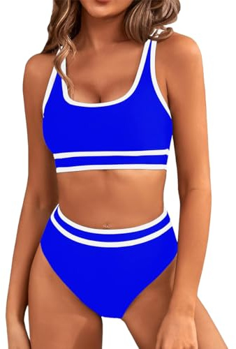 Yeenily Dam Tvådelad Sexig Bikini Brasiliansk Hav Triangel Tankini Push Up Vadderad BH U-ringning Pool Kostymer Hög Midja Badkläder, Safirblå, L