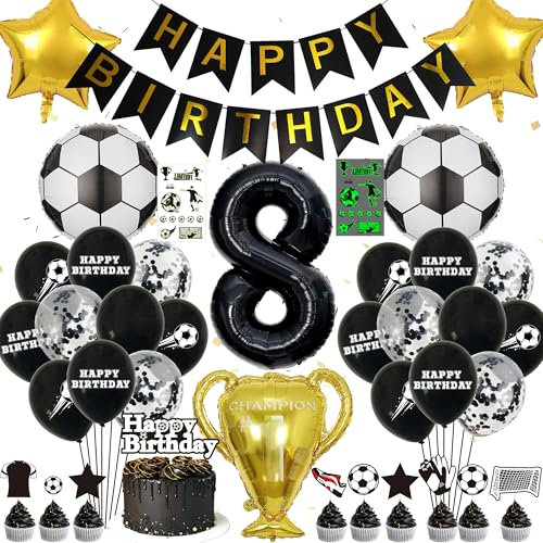 Fussball Luftballon 8 Geburtstag Junge - Fußball Deko Geburtstag Kinder, Happy Birthday Banner Girlande Folienballons Tortendeko, Leuchtende Tattoo Aufkleber, Schwarz Fussball Geburtstagsdeko 8 Jahre