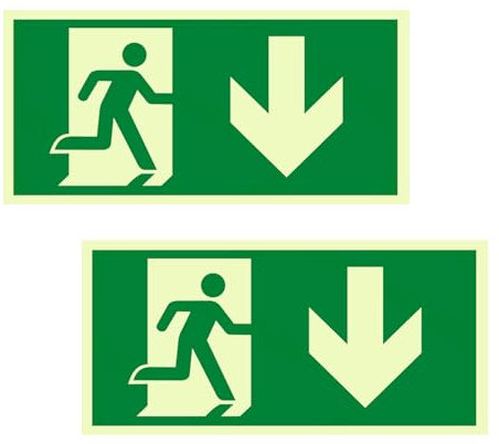 Ksvaye 2 Stück Notausgangsschild Fluchtwegschilder Nachleuchtend 30x15 cm PVC Selbstklebend Notausgang Schild Rettungsweg ISO 7010 DIN 67510 (runter)