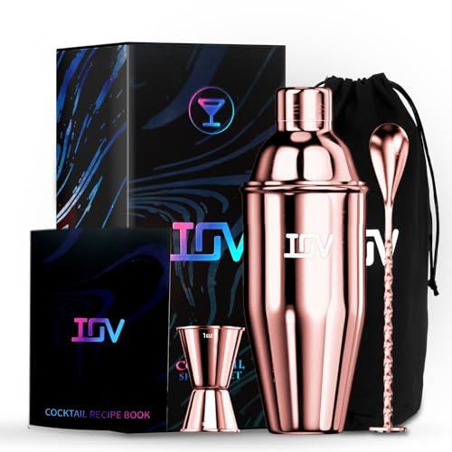 IOV Ensemble shaker à cocktail de 710 ml avec passoire intégrée, kit d'outils de bar avec livret de recettes (français non garanti), grand shaker professionnel en acier inoxydable pour barman,
