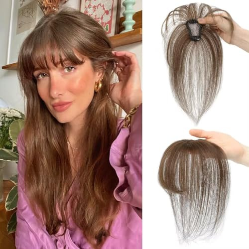 Hovoto Pony Haarteil, Echthaar Clip in Bangs, One Piece Clip in Pony, Extensions Natürliche Bangs, Pony Extension Echthaar für Damen, A, braun