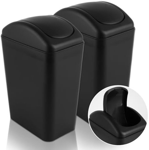 CYEER 2 PCS 12 Litre Swing Bin, Small Plastic Slim Bins for Kitchen, Black Trash Can Rubbish Bin for Bedroom Kitchen Cabinet Bathroom Office