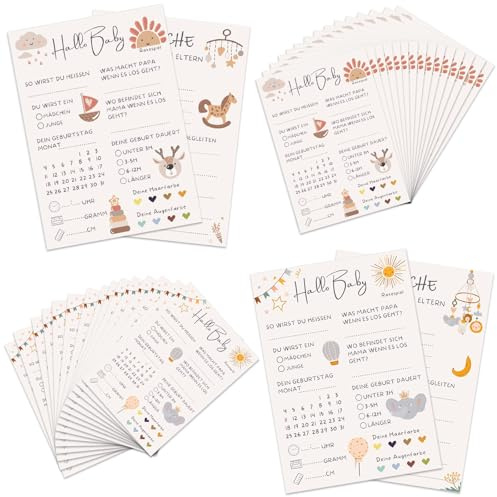 Babyparty Spiele Karten, 30 Stück 2 Stil Babyparty Karten zum Ausfüllen, Deko Babyparty für Gender Reveal, Beidseitig Bedruckt Babyparty Karten für Junge und Mädchen