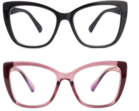 SKYWAY 2 Pack Occhiali da Lettura per Donna, Occhiali da Computer Oversize alla Moda con Blocco Luce Blu, Montatura Quadrata a Occhio di Gatto con Cerniera a Molla,Nero/Rosa 1.5
