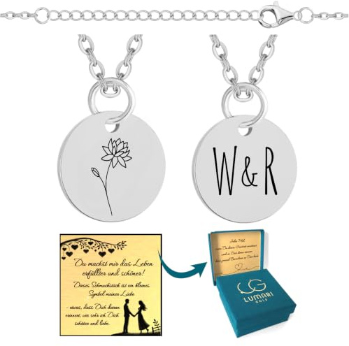 Lumari Halskette mit personalisiertem Medaillon - Rechteck/Kreis/Herz Anhänger aus Edelstahl mit eingravierten Namen/Initialen und Geburtsblume - Geburstag Geschenk für Ehefrau Freundin Frau