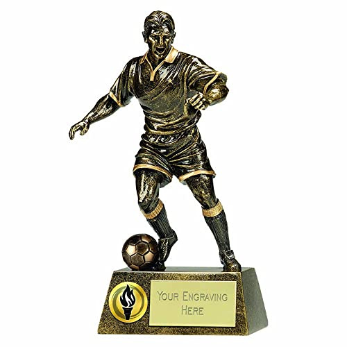 TROPHIESPLUSMEDALS 3D Gold Resin Action Football Player Trophy, 22cm | Resin football trophy with detailed player design and free engraving on personalised plate, ideal for clubs and leagues.