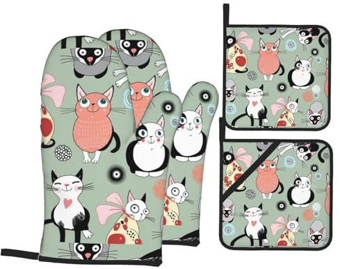 Guanti da forno con stampa di gatti in stile cartone animato, set da quattro pezzi, guanti resistenti al calore e termoisolanti