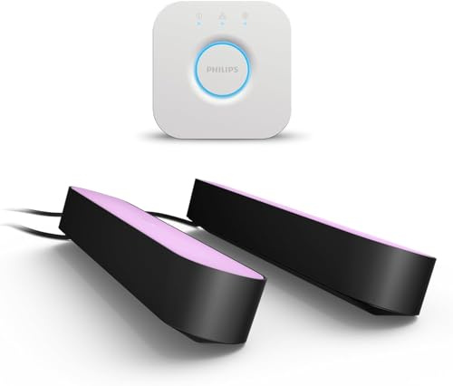 Philips Hue White & Color Ambiance Play Lightbar 2er Pack (500 lm) und Hue Bridge, dimmbare LED-Lightbar für das Hue Lichtsystem mit 16 Mio. Farben, smarte Lichtsteuerung über Sprache oder App,schwarz