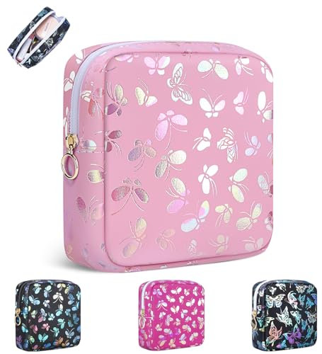 Pochette Femme Mini Petite Trousse Maquillage Sac à Cosmétique Pochette Voyage Portable Trousses de Toilette Fille Enfant avec Papillons Image Rangement Maquillage Bijoux Serviette Hygiénique(Rosa)