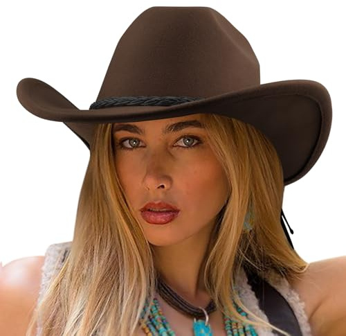 DRESHOW Cappello da Cowboy Donna Classico Cappello Western Retro a Tesa Larga con Fibbia e Cintura Cappelli Fedora in Feltro Arrotolati Unisex
