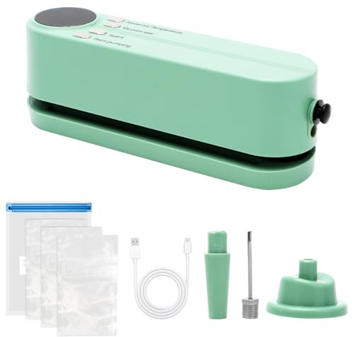 Mini sellador al vacío, 60 KPA con 3 niveles de temperatura, recargable, sellado al vacío para alimentos, sellador al vacío portátil con 5 bolsas de vacío para almacenamiento fresco (verde)