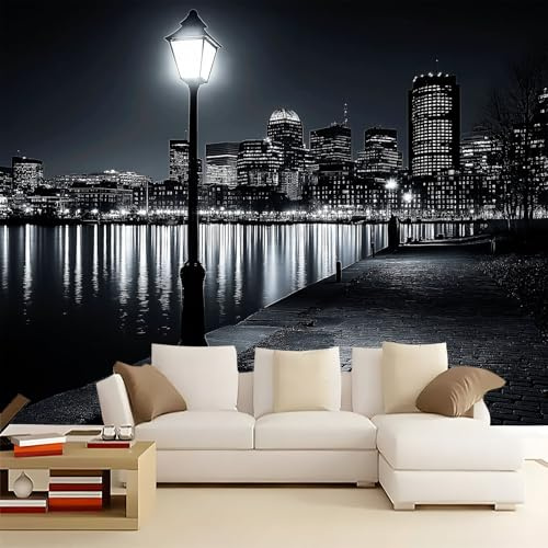 Fotomurales no tejido Escena nocturna de la ciudad gris 300x210 cm Papel Pintado Decoración de Pared Murales póster efecto 3D, Decorativos Murales para Dormitorio Salón TV Pared