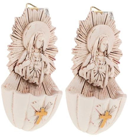 Kichvoe Set 2 Pezzi Fontanella per Acqua Santa in Resina Beige, Leggera e Resistente per Decorazioni Cattoliche, per Cerimonie Religiose e Spazi Interni Raffinati