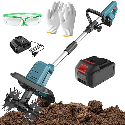 Electric Garden Rotavator with Battery and Telescopic Pole, Small Tiller and Cultivator - 22cm Working Depth/30cm Tilling Width, Soil Tiller Rotavator, for Farm Yard Lawn